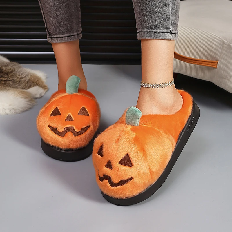 Halloween 3D-Kürbis-Plüsch-Hausschuhe für Damen, Winter-Plateau-Pantoletten, rutschfeste, flauschige Fell-Slides für drinnen, Unisex, für Feiertage und Partys – Detail 11