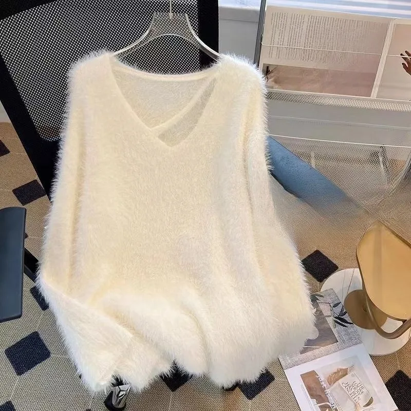 

Matakawa Woman Sweaters V Neck Solid Mink Cashmere Autumn Winter Loose Pullovers Korean Fashion Casual Warm Pull Femme