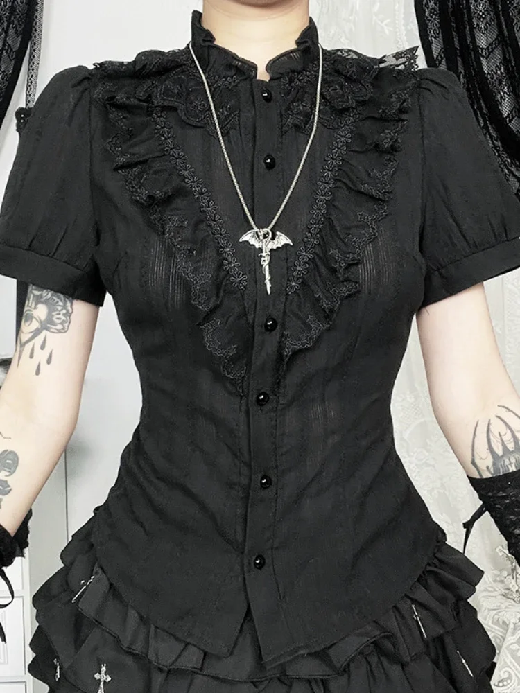

Новинка 2023 года, готическая винтажная рубашка, женская уличная одежда в темном дворцовом стиле, жаккардовая текстура, блузка в стиле ретро, кружевные лоскутные рубашки с пышными рукавами