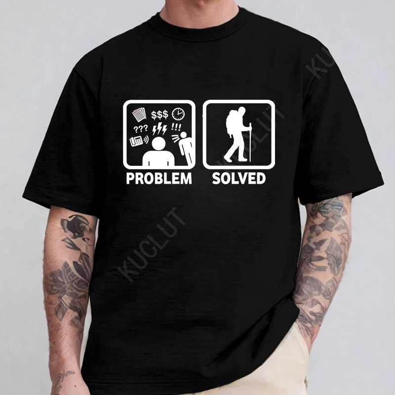 Hiking Problem Solved Print Men T Shirt Casual Summer Funny Street Clothing Loose Oversize Short Sleeve Breathable Soft T-Shirts