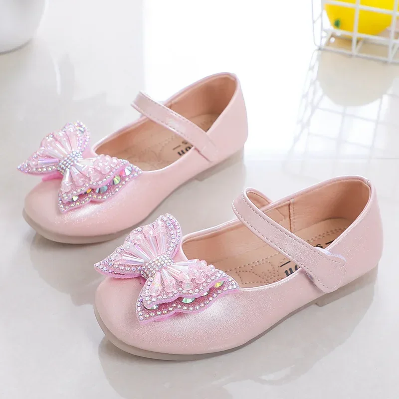 Girls Casual Shoes Princess Baby Sequin Bow Flat Shoes Fashion Children\'s Performance Leather Shoes 2023 Spring Summer New H155