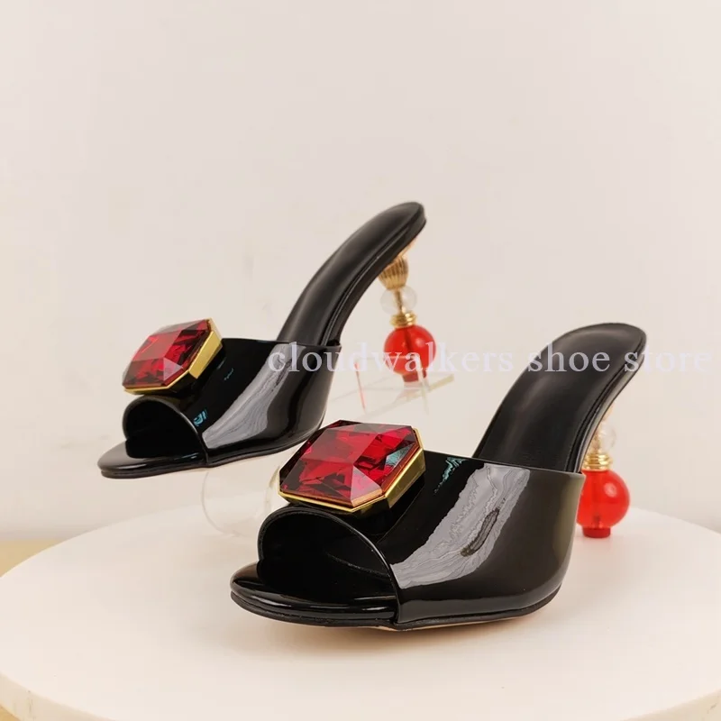 

Black Patent Leather Red Crystal Ball Strange Heel Mule Slippers Ruby Peep Toe Women's Slippers Party Slingback Casual Slippers
