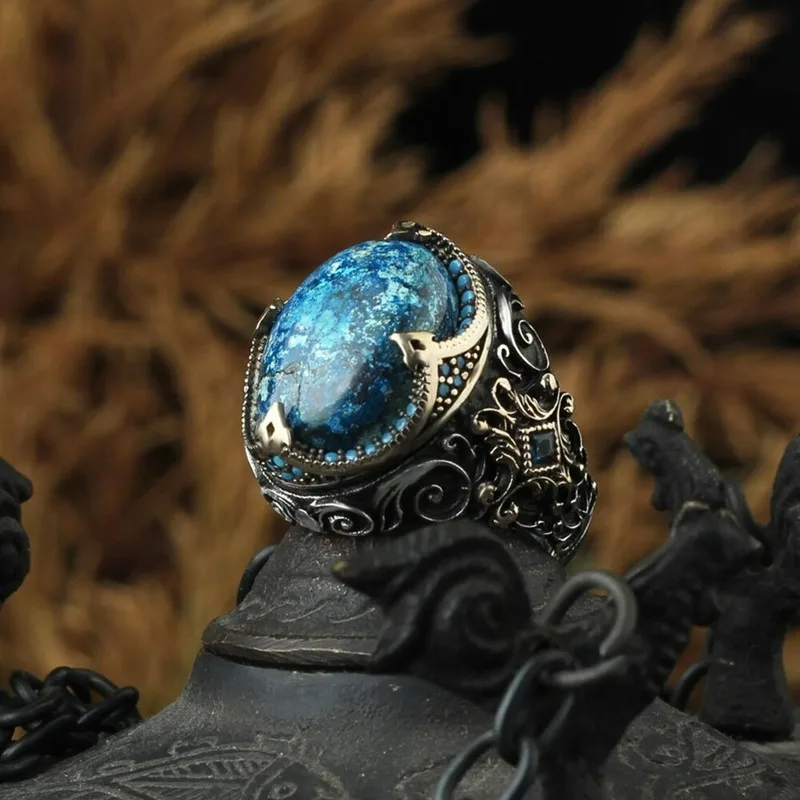 Gothic Vintage Pattern Carving Blue Stones Rings for Men Masculine Cool Silver Finger Bands Party Hiphop Unique Accessory 6