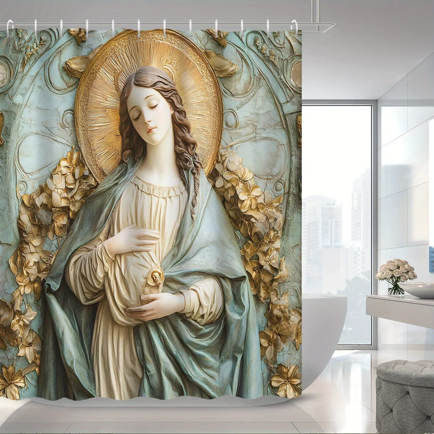 1pc Virgin Mary Shower Curtain Divider, 12 Hooks Shower Curtain, Bathroom Decoration 180x200cmVVV
