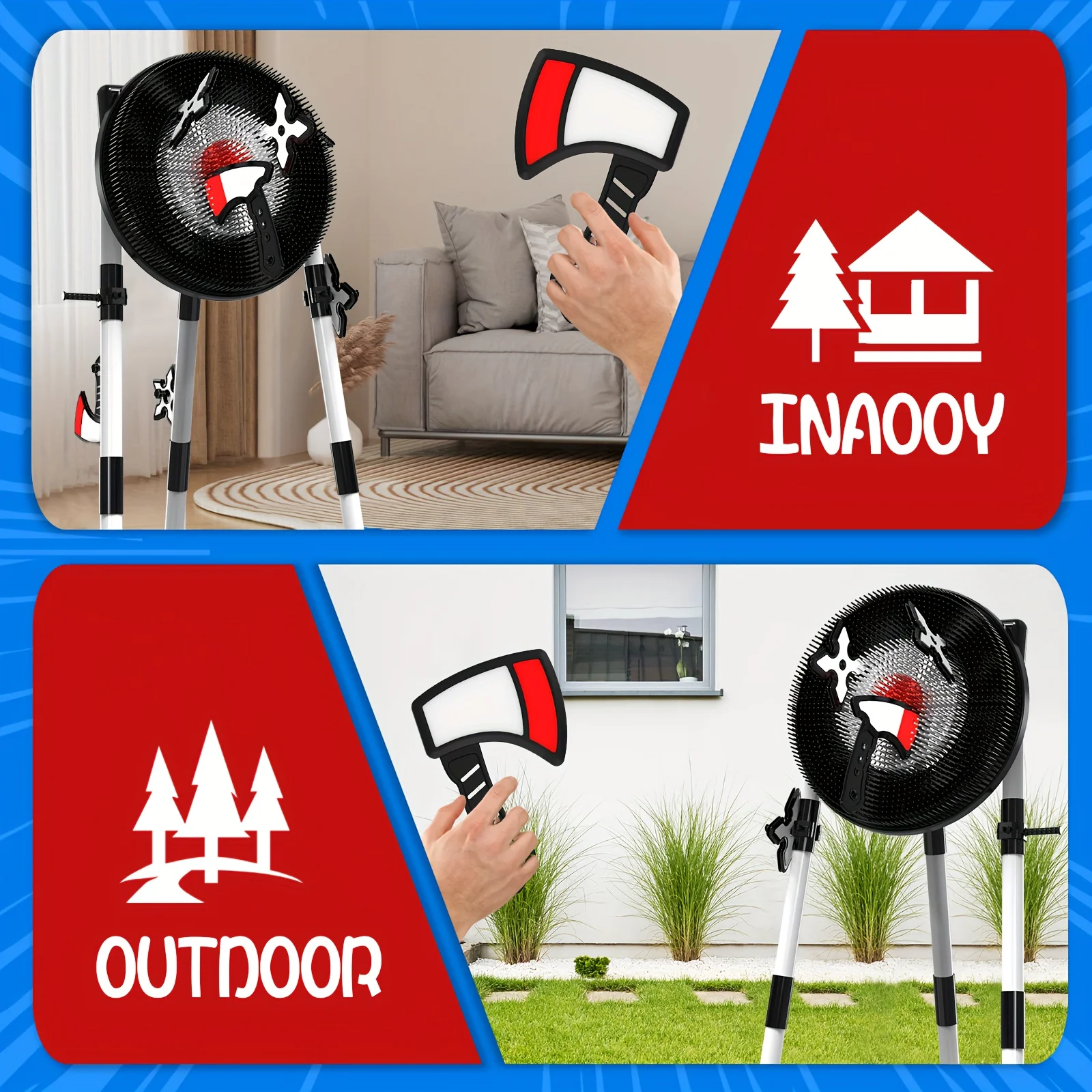 Axe Throwing Target Set, 3 Plastic Axes & Stars, Collapsible Stand, Bristle Target, Safe For Indoor & Outdoor Play, Fun Sports