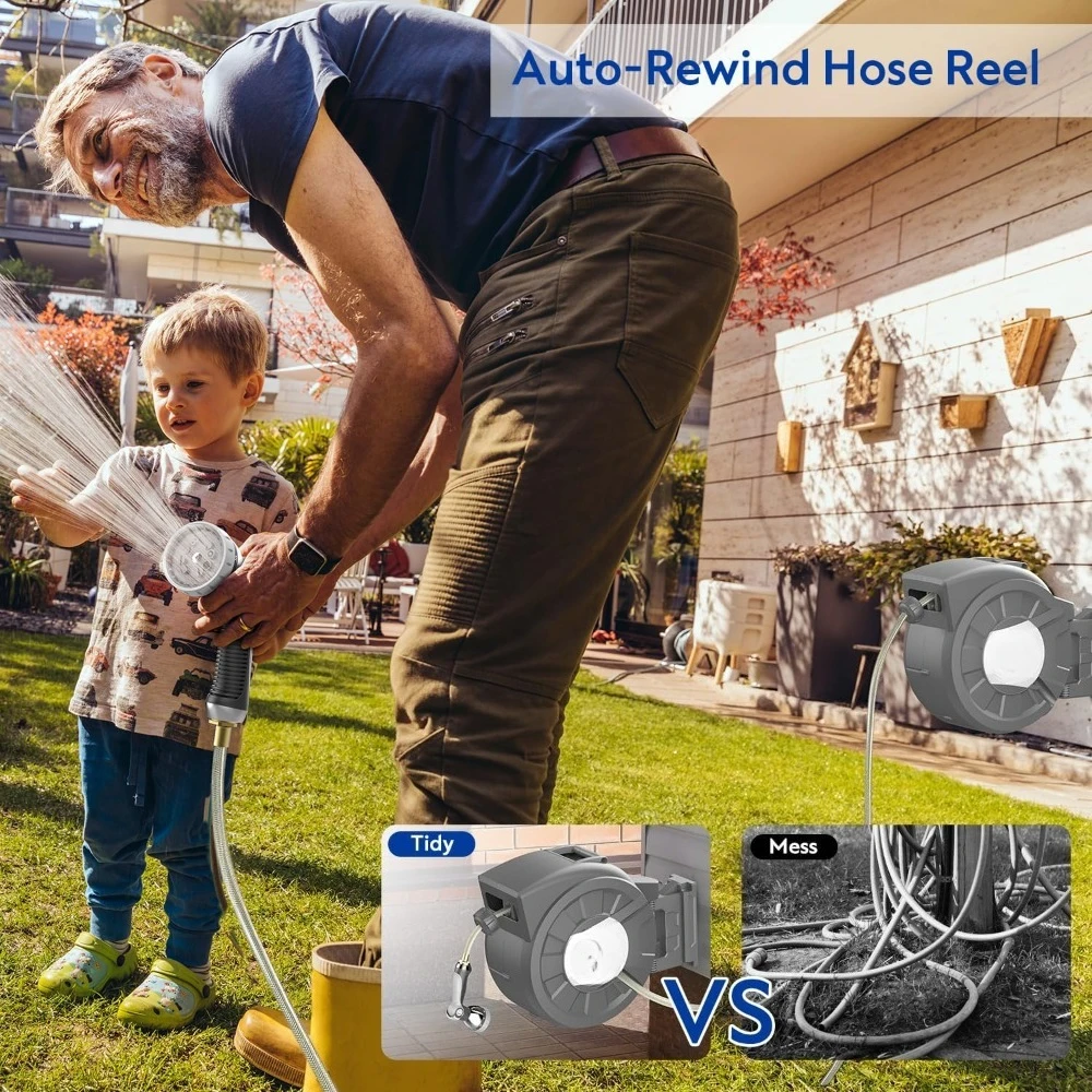 تصميم مبتكر - بكرة خرطوم حديقة قابلة للسحب، بكرة خرطوم مثبتة على الحائط 1/2 بوصة × 125 قدم، فوهة رش 10 أنماط، أي قفل بطول #4