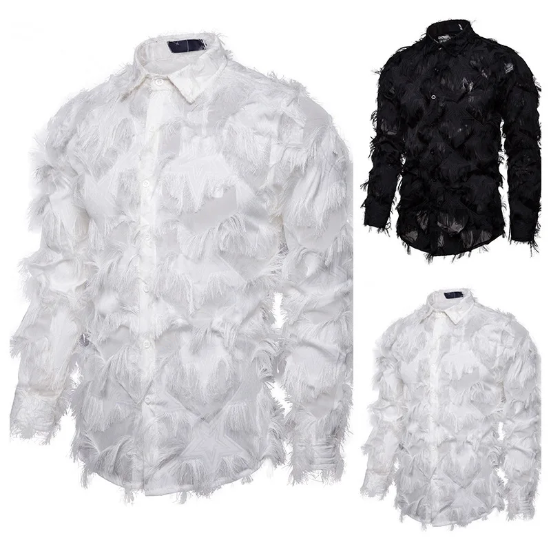 2024 New Men's European Size Shirt Handmade Three Dimensional Feather Fabric Featuring Henry Neck Long Sleeved Shirt