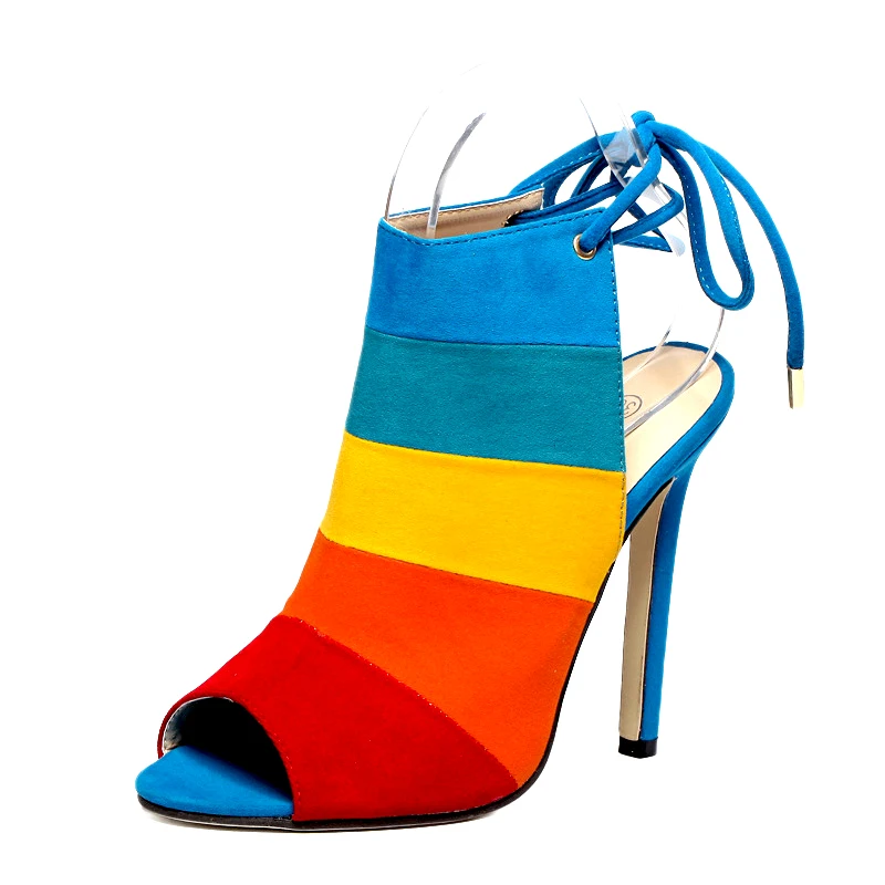 

Fashion Rainbow Colorful Suede Patchwork Peep Toe Sandals Woman Thin High Heels Slingbacks Gladiator Sandals