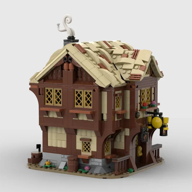 Medieval vista de rua modelo moc tijolos de construção aldeia taverna tecnologia blocos modulares presentes brinquedos natal diy conjuntos montagem