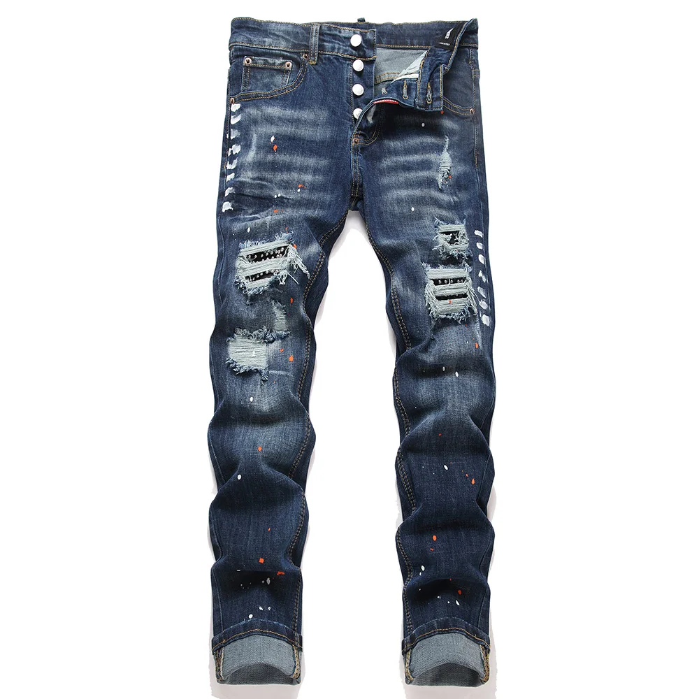 

Men's Crystal Stretch Denim Jeans Buttons Fly Ripped Slim Tapered Pants Streetwear Painted Blue Trousers with Holes