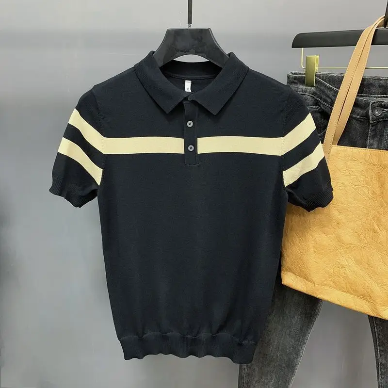 2024 Summer New Fashion Knitted Short sleeved T-shirt Men\'s Striped Polo Shirt Flip Collar Korean Half Sleeve Casual Shirt