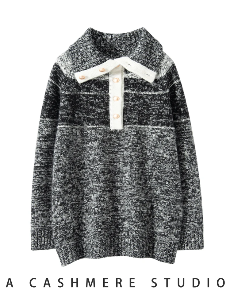 

New Women's 100% Cashmere Sweater Turn Down Collar Buttons Pullover Autumn Winter Soft Warm Thick Cashmere Sweater Knitwear Tops