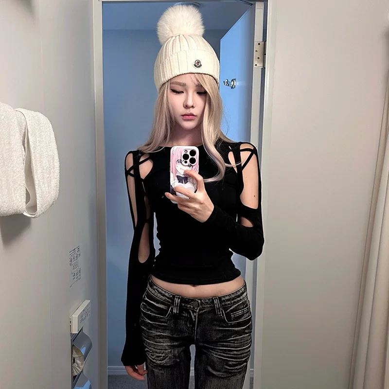 

Y2k Black Hollow Out Women T-shirts Harajuku Cropped Silm Fit Off Shoulder Long Sleeve Fashion Tees Sexy Subculture Summer New