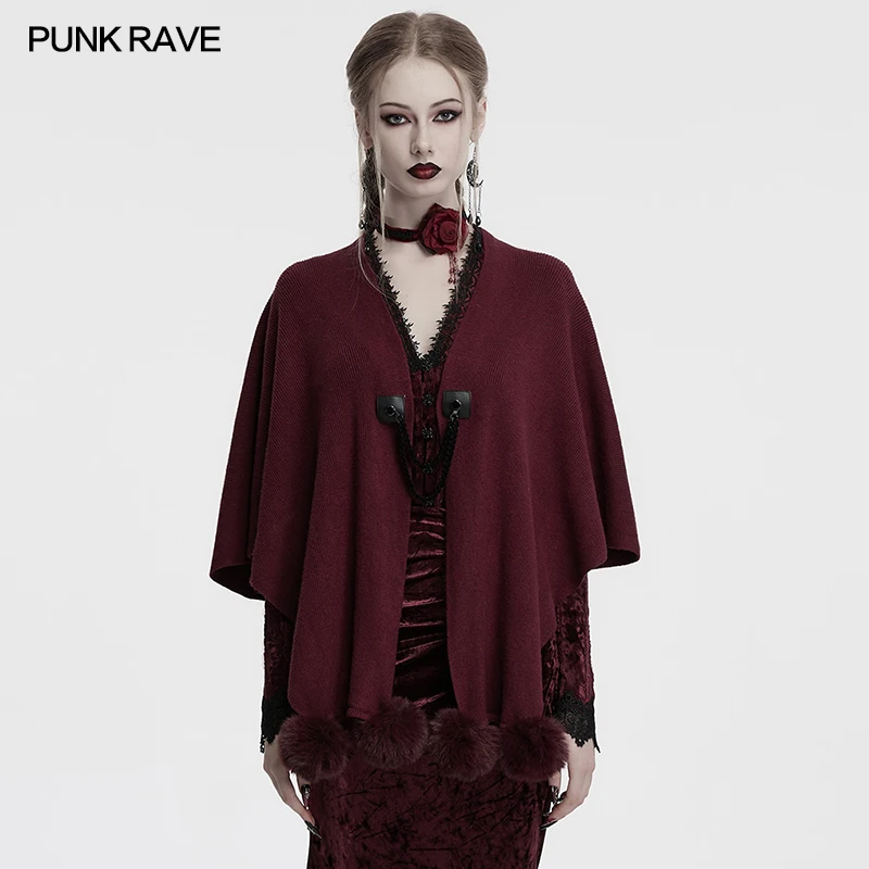 

PUNK RAVE женская готическая повседневная свободная шерстяная шаль с принтом лунного затмения, нижний подол, украшенная меховыми шариками, верхняя одежда, два цвета