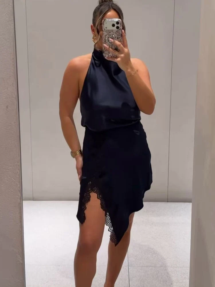    TFMLN falda asimétrica de encaje para mujer moda nueva Falda corta con cremallera lateral de Color sólido faldas elegantes de cintura alta para mujer