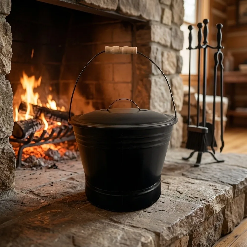 Stylish Black Ash Bucket Mess Free Fireplace Ash Storage Container For Indoor Fire Outdoor Patio Fireplace Hardware Accessories