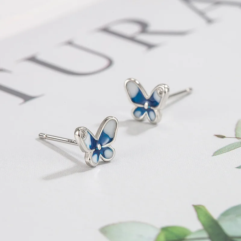 Sterling Silver Color Blue Zircon Butterfly Ear-Sticks Women's Earrings Fashion Jewelry