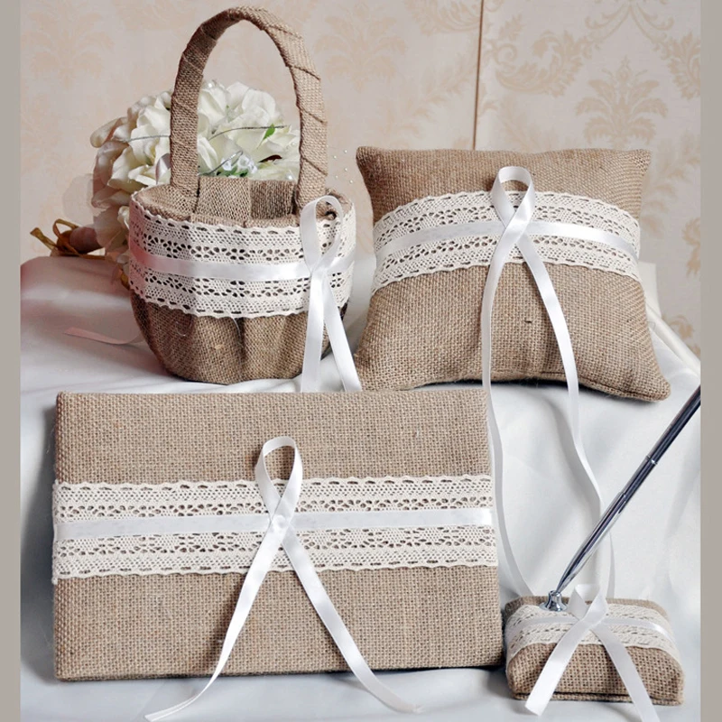 4Pcs/Set Top Quality Linen Wedding Event Party Supplies Ring Pillow+ Flower Basket + Guest Book + Pen Sets Bride Accessories