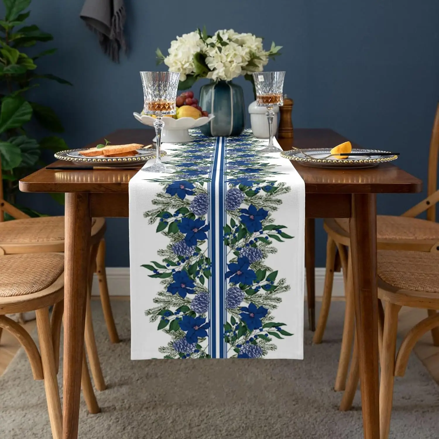 Christmas Blue Poinsettia Pine Cone Linen Table Runner Dresser Scarves Winter Xmas Dining Table Runner Christmas Decorations