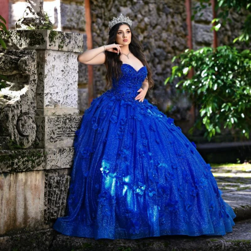 Royal Blue Shinning Off The Shoulder Quinceanera Dresses Ball Gown Beads Crystal Flower Tull Princess Sweet 16 Dress Customized