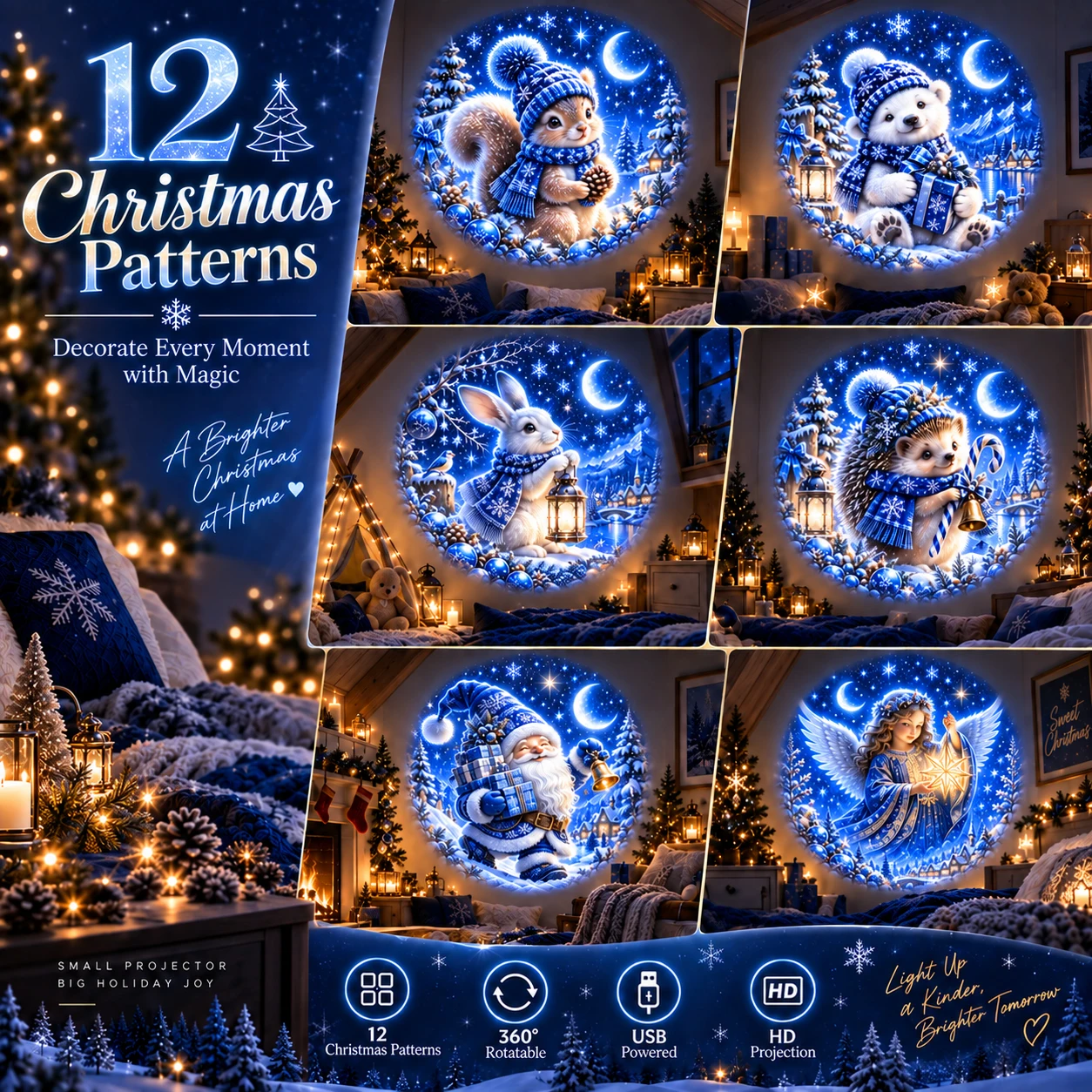 Christmas-themed projection night light—ideal for creating a festive atmosphere in bedrooms and living rooms.