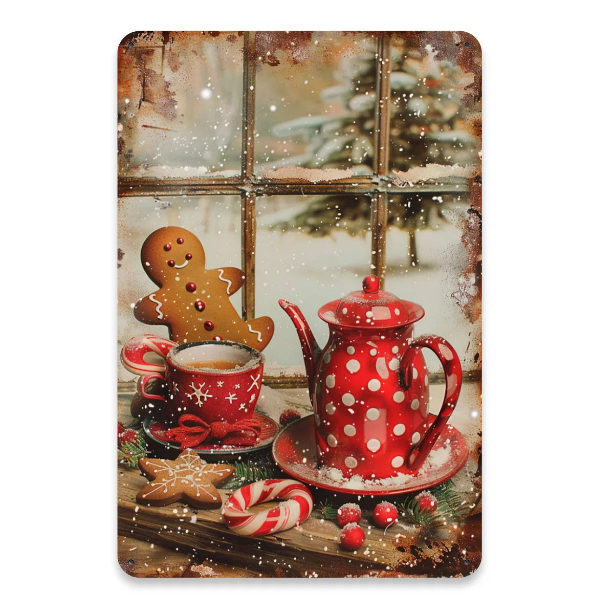 Vintage Christmas Metal Sign,  - Christmas Coffee and Cookie Design with Snow Window View, Antique Tin Wall Art with Pre-perfor