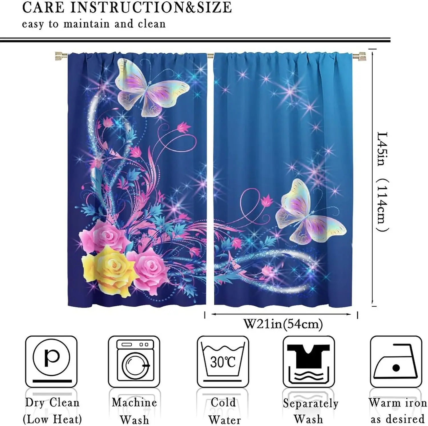 Fantasy Shiny Butterfly Rose Curtains Blue Gradient Sparkling Star Rod Pocket Soft Fabric Drapes Girls Aesthetic Bedroom Window