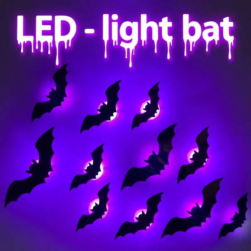 12/21/24pcs Halloween New Glowing Bat PET Stereoscopic Bat Spider Festival Party Decoration LED Night Light Wall Decoration