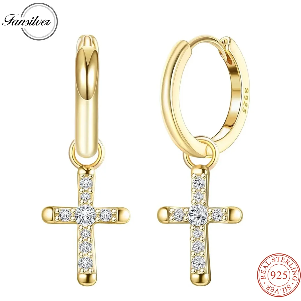 Fansilver Sterling Silver Cross Earrings for Men Women Dainty CZ Huggie Hoop Earrings Iced Out Cross Dangle Earrings Lightweight