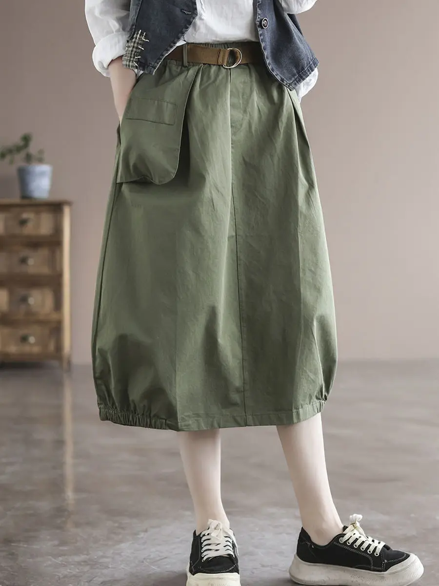 

Summer High Waist Loose Cotton f Skirt Women's Vintage Art Large Size A-Line Skirt with Belt Pure Color Long Skirt