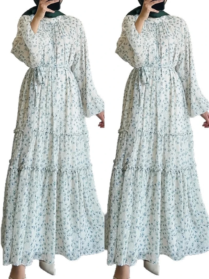 Eid vestido feminino chiffon impressão abaya festa jalabiya ramadan muçulmano vestidos longos vestidos largos árabe longo robe marrocos kaftan