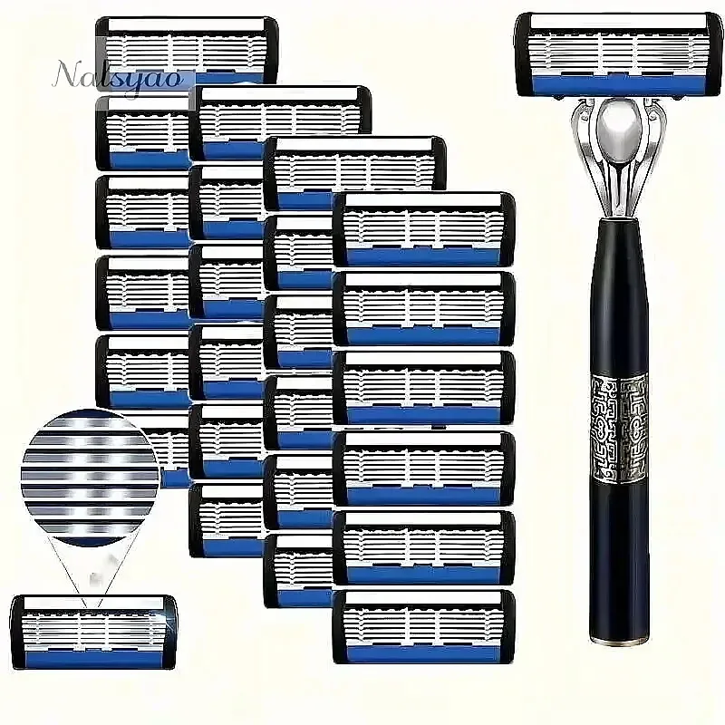 Washable 6-Layer Metal Manual Razor for Men Stainless Steel Blade Hand Guard Beard Trimmer Holder