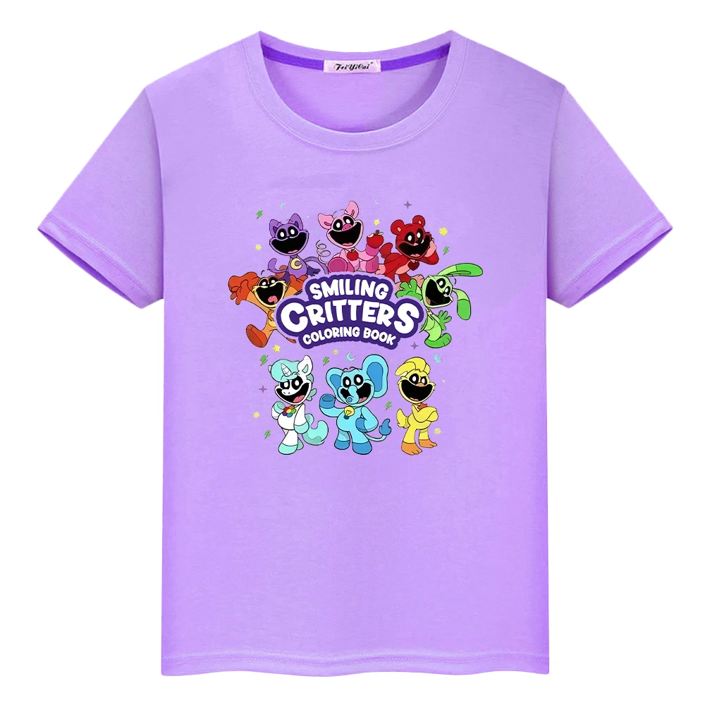 

Smiling Critters print 100%Cotton Kawaii t-shirt anime Short y2k one piece Cute Tops t shirt for kids boy 10years girls clothes