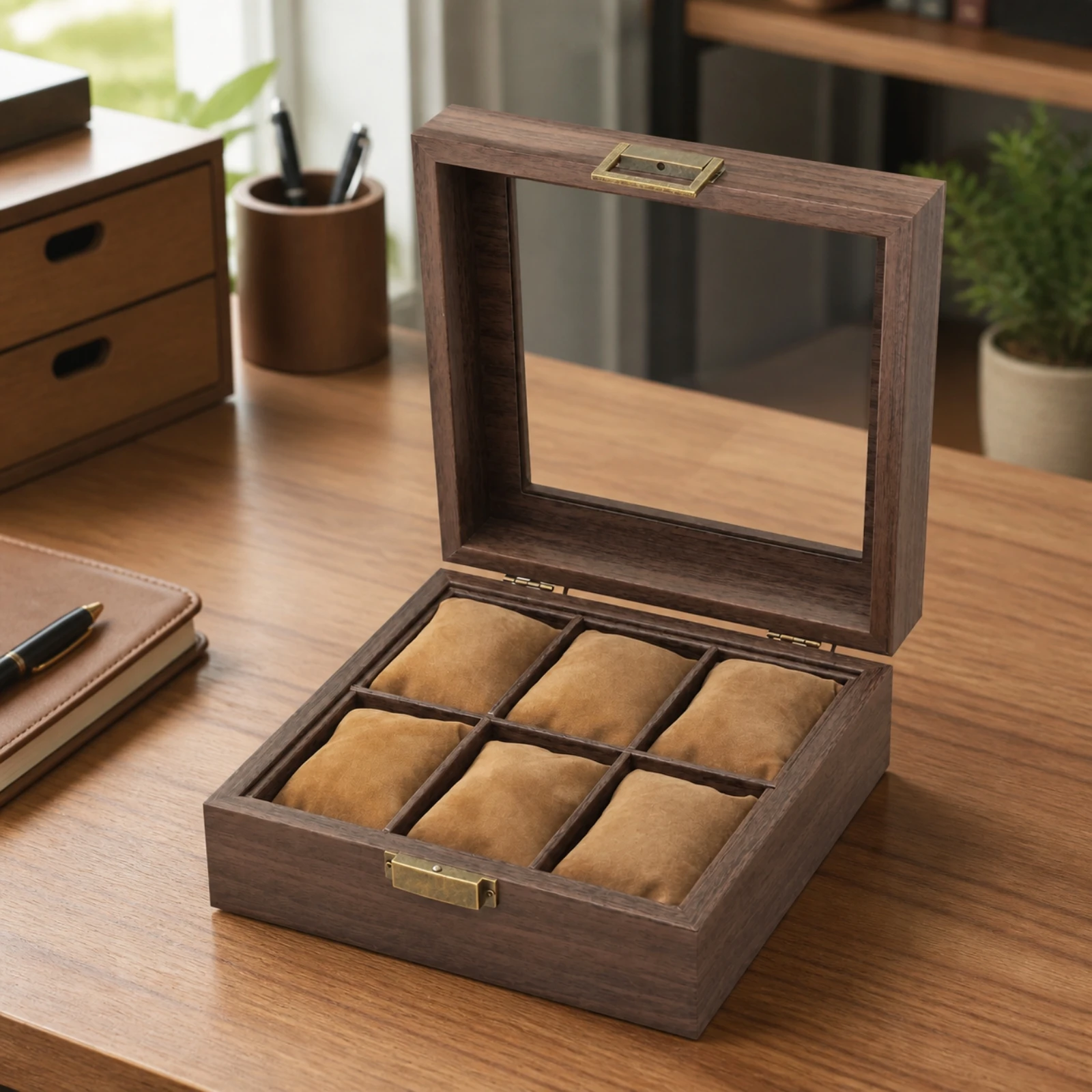 Watch Display Box with Cushioned Pillows Velvet Lined Watch Box with Glass Lid Sturdy Dustproof for Bedroom, Dresser