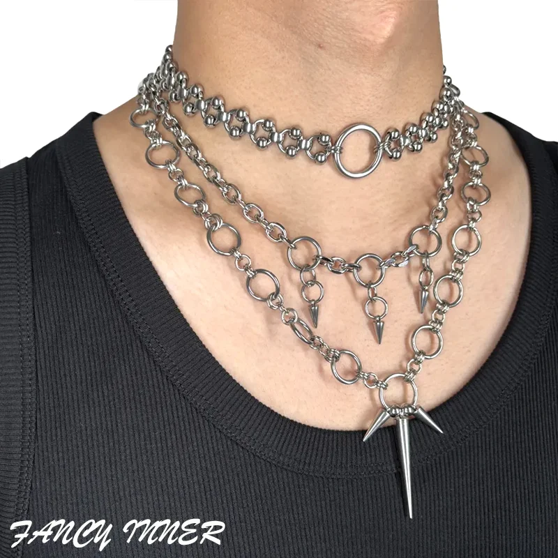 2025 New Punk Necklace Metal Chain Rivets Stainless Steel Beaded Cool Unisex Choker Neck Accessaries for Women Men Jewelry Set