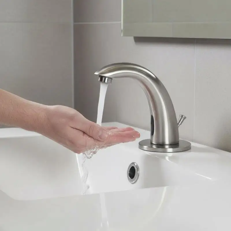 

Automatic Motion Sensor Lavatory Tap with Deck Plate, Battery Powered, Adjustable Temperature, Brushed Nickel Silver Finish for Public Restrooms, Hotels, Office Buildings, 9/16 inch Pipe Connector