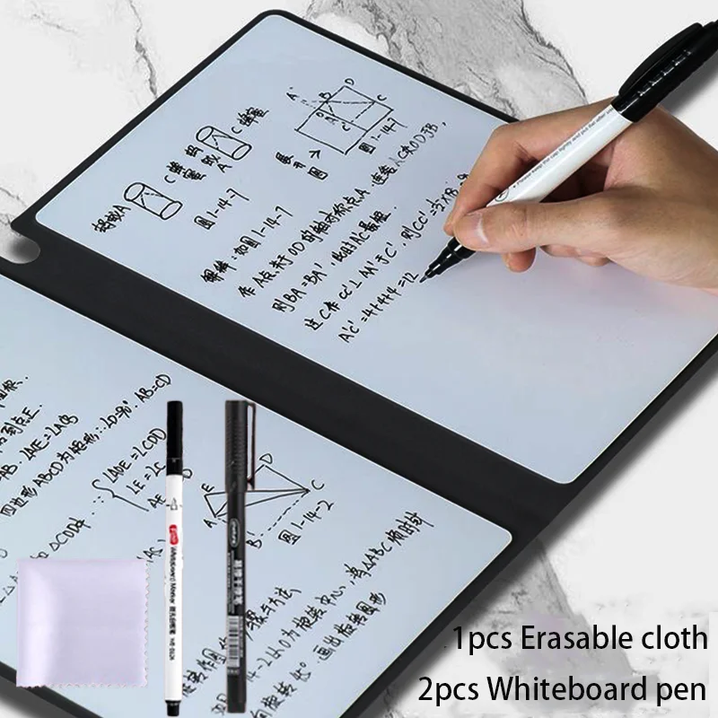 A5 Reusable Whiteboard Notebook Portable Weekly Planner Faux Leather Memo with 2Pcs Whiteboard Pen Erasing Cloth