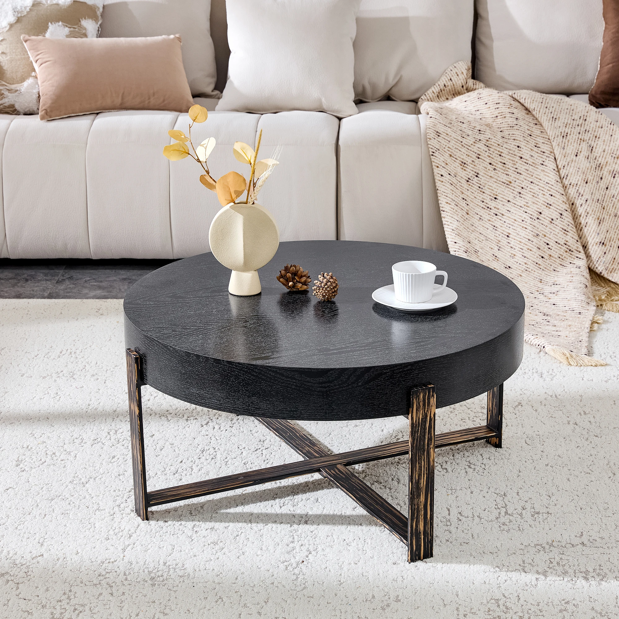Table basse ronde, avec plateau épais de 10 cm et pieds antidérapants, structure en X robuste, pour salon/balcon, MDF et métal noir