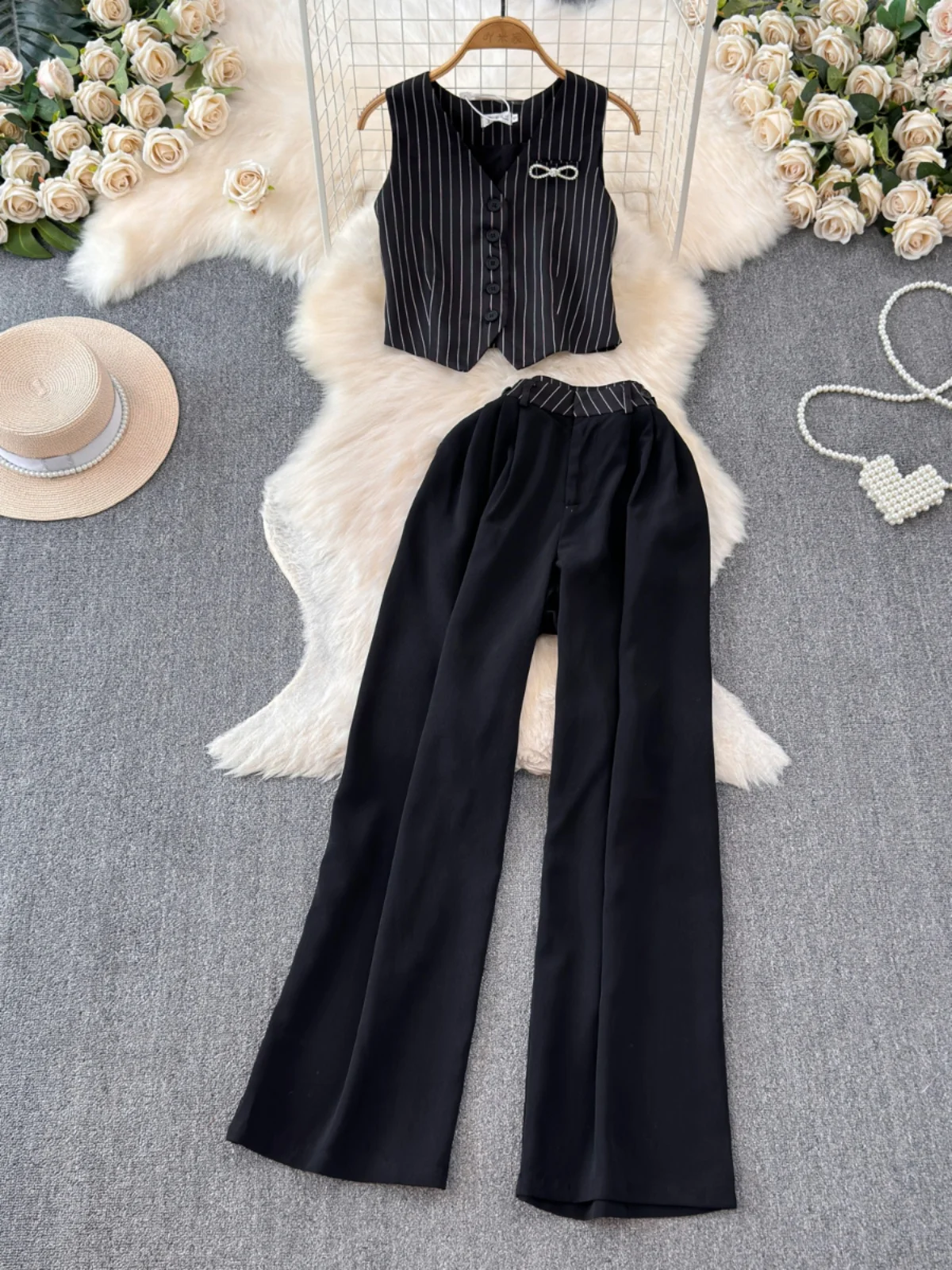 Ele Women's Suit Set V-Ne Svel Tank Top High Waist Draped Wide Leg Long Pants Two-Piece Summer Faion Ensemble