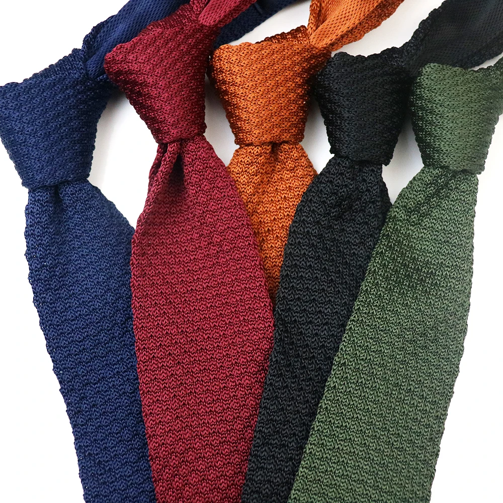 New Trendy 7cm Width Solid Black Neckties For Men Knitted Neck Ties Classic Green Red Color Casual Daily Wear Tie Wedding Cravat