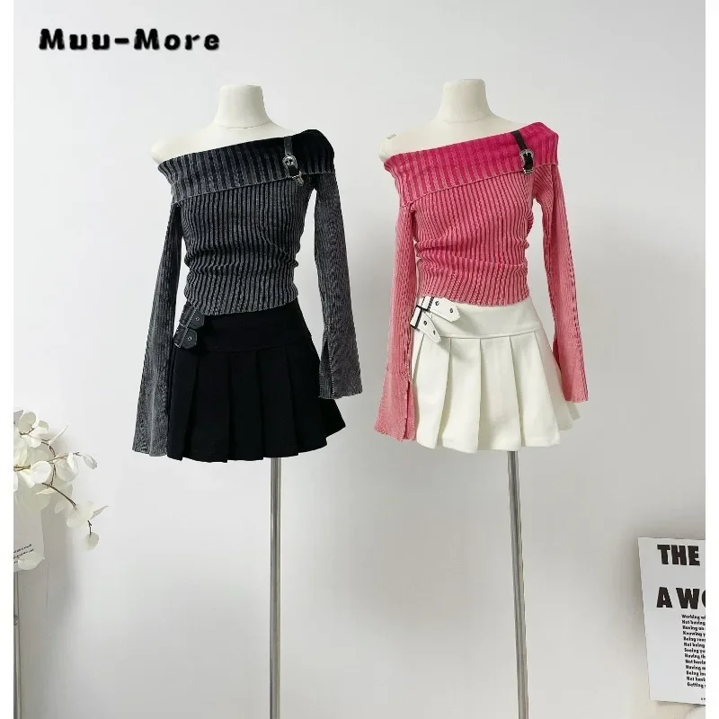 2023 Winter Hotsweet Casual Square Collar Knitting Long Sleeve Pullovers Women Solid Color Sheath Belted Design Sexy Sweater