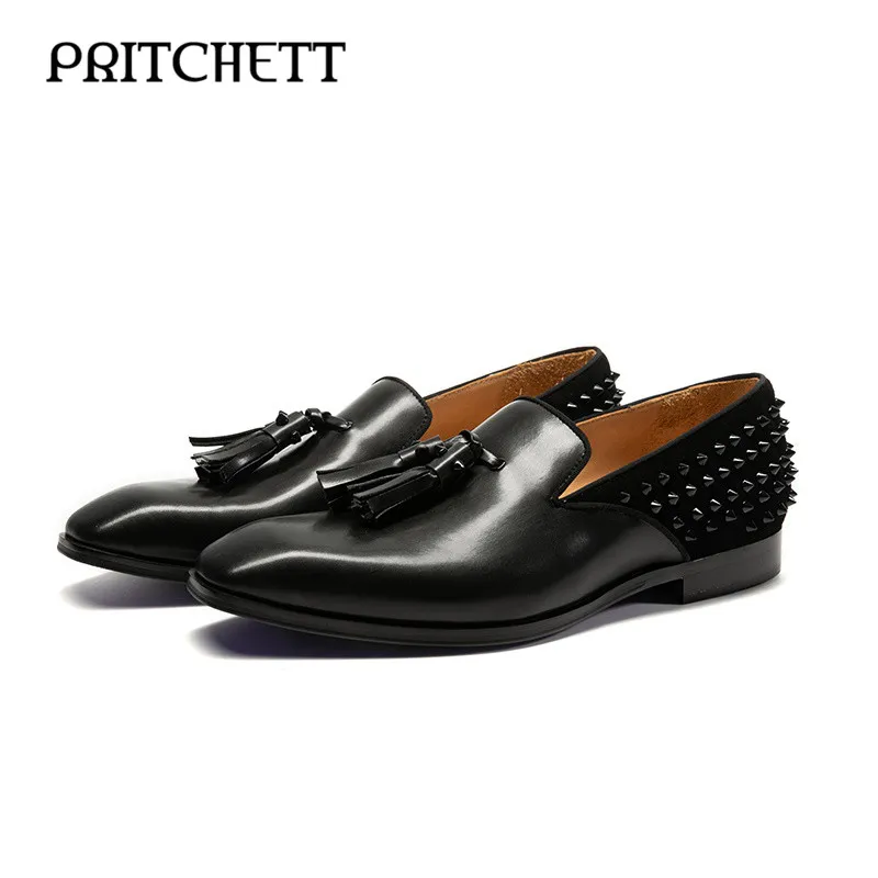 

Black Leather Studded Accents Leather Shoes Round Toe Square Root Shallow Mouth Tassel Stitching Formal Business Men's Shoes