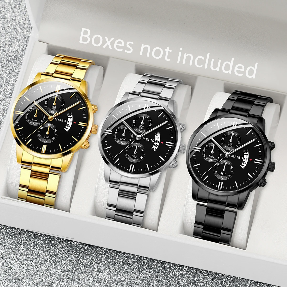 3PCS Men Business Watches Fashion Steel Band Calendar Watch Quartz Watch Relogio Masculino（Without Box）