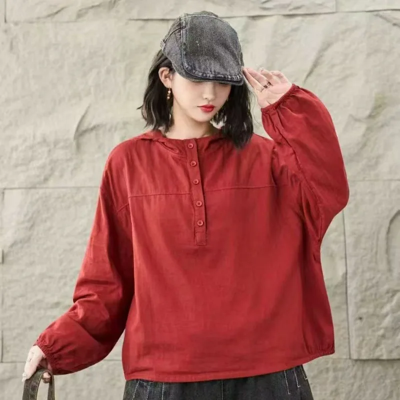 

Artistic Solid Color Hooded Loose Casual Blouse Women 2025 New Autumn Fashion Long Sleeved Womens Shirt