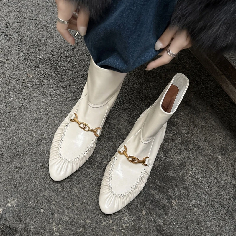 

NEW Autumn/Winter Women Boots Split Leather Shoes Women Pointed Toe Chunky Heel Shoes Slip-on Modern Boots Pleated Daily Shoes