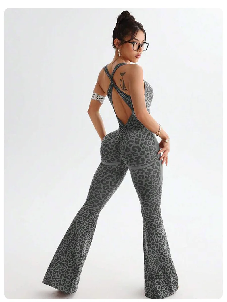 Neue Leopard Print Body Frauen Nahtlose Ausgestelltes Hosen Overalls Sexy einteiliges Fitness Anzug Kreuz Zurück Stretchy Yoga Overalls – Detail 9