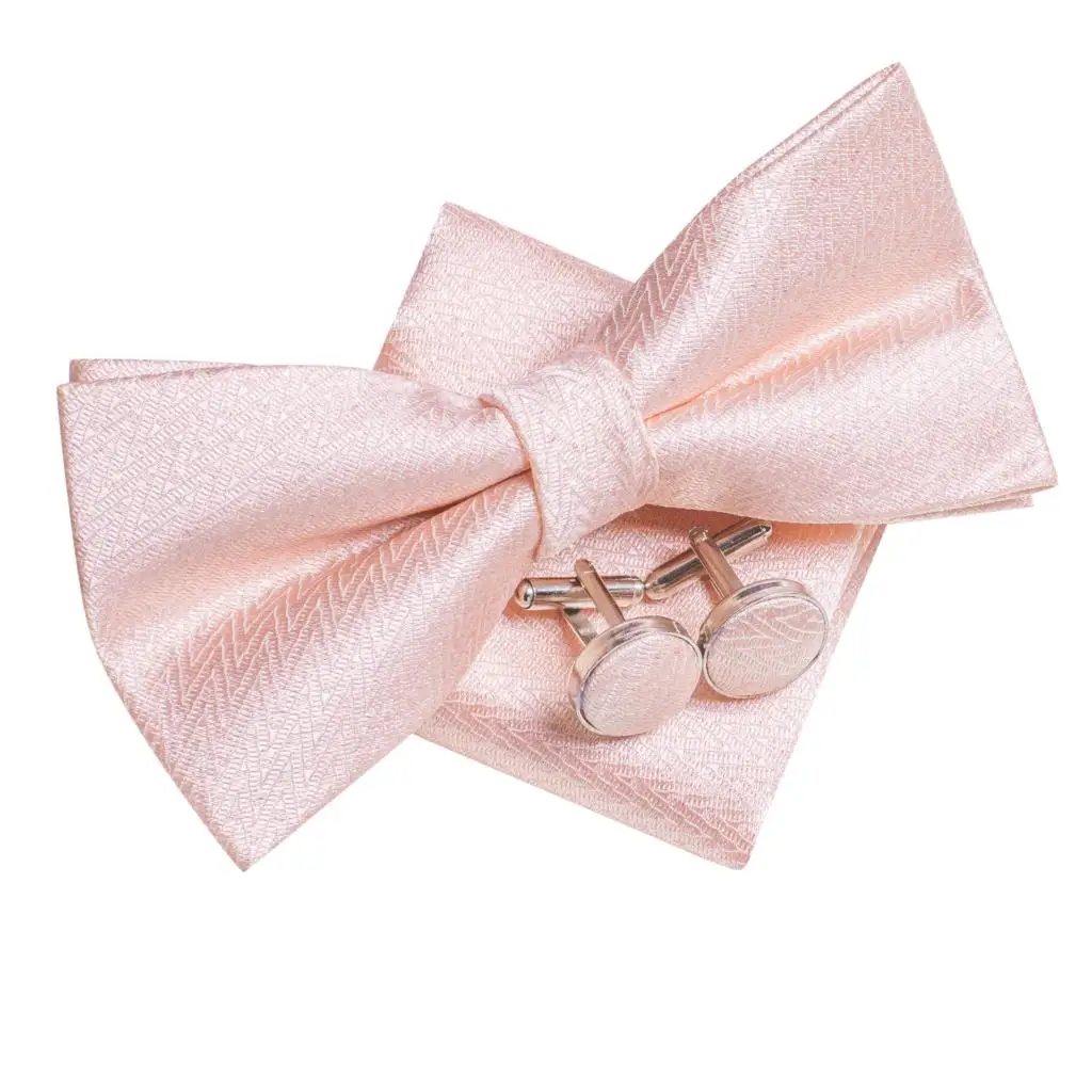 مرحبا التعادل الحرير رجالي ربطة القوس Pocket جيب مربع أزرار أكمام مجموعة الخوخ الوردي السلمون قبل تعادل فراشة عقدة ربطة العنق للذكور الزفاف الأعمال