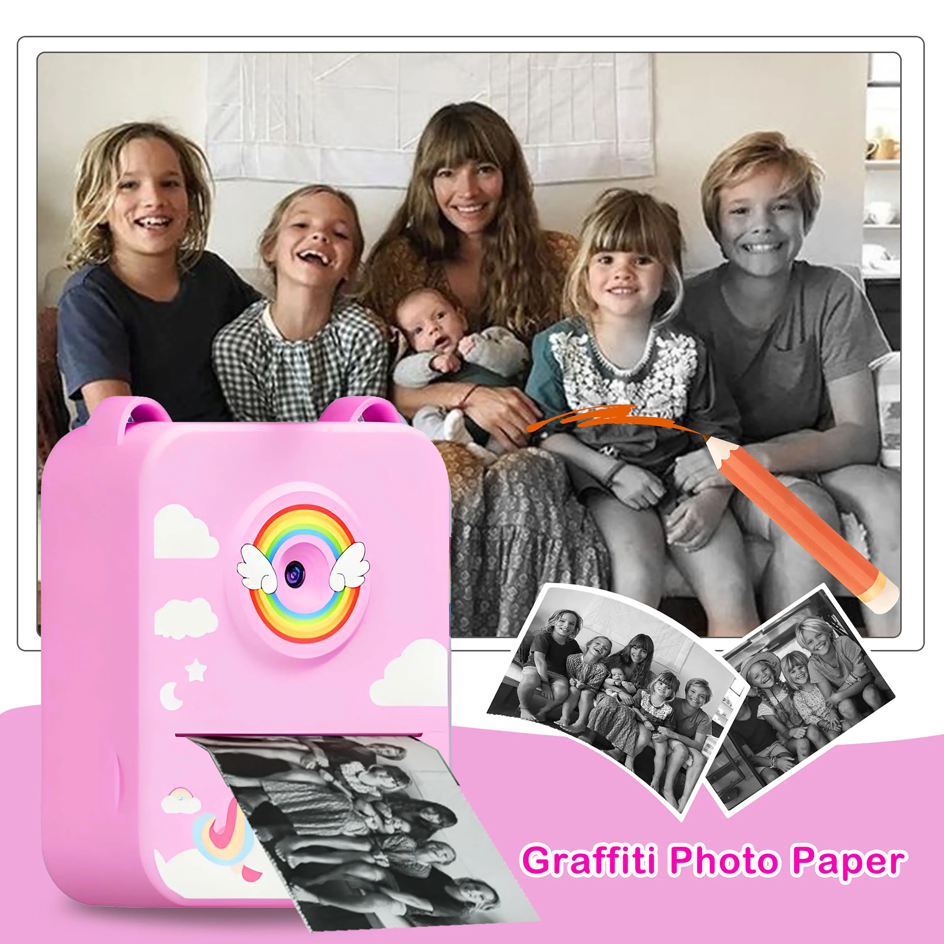 Kids Cameras Children's Camera For Kids Instant Print Portable Small Camera,3 Rolls Printing Paper, Gift For Boys&Girls