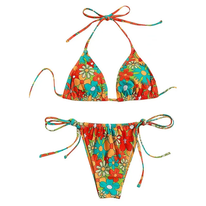 Badeanzug 2025, weiblicher Micro-Bikini, Damen-Bademode, Sommer, Strandmode, Damen-Badeanzug, Blumendruck, Halter, Tanga, Bikini-Set