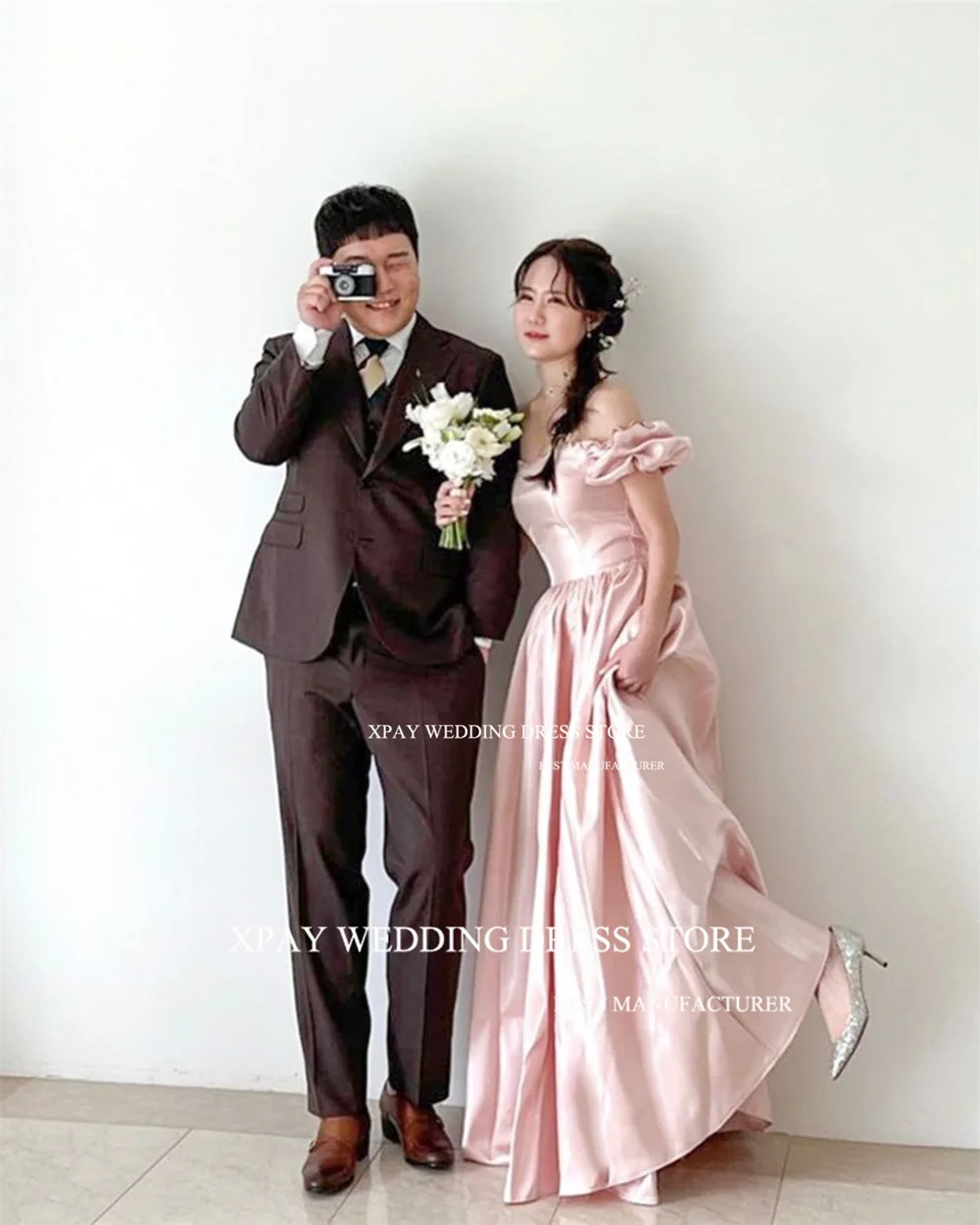 XPAY Sweetheart Pink Korea Evening Dress Short Puff Sleeves Wedding Photos Shoot Prom Gowns Custom Satin Formal Occasion Dress